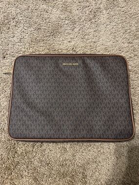 Michael Kors Brown Signature Monogram Laptop Sleeve with Gold Logo